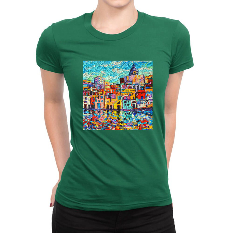 Italy Procida Island Marina Corricella Naples Bay Palette Knife Oil Pa Ladies Fitted T-Shirt by magicbooshrooms | Artistshot