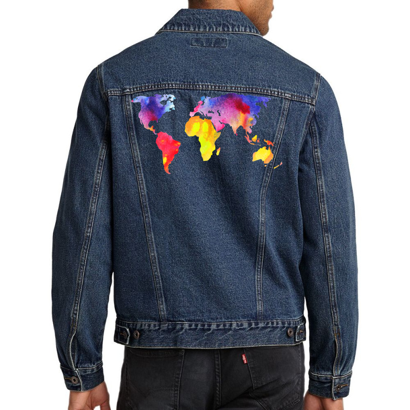 Beautiful Global World Map Watercolor Art Silhouette T Shirt Men Denim Jacket | Artistshot