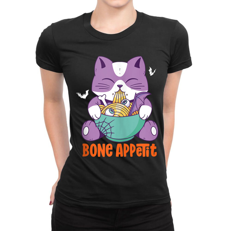 Funny Anime Cat Eat Bone Ramen Bon Appetit Halloween Puns Ladies Fitted T-Shirt by Valentino-Holt | Artistshot