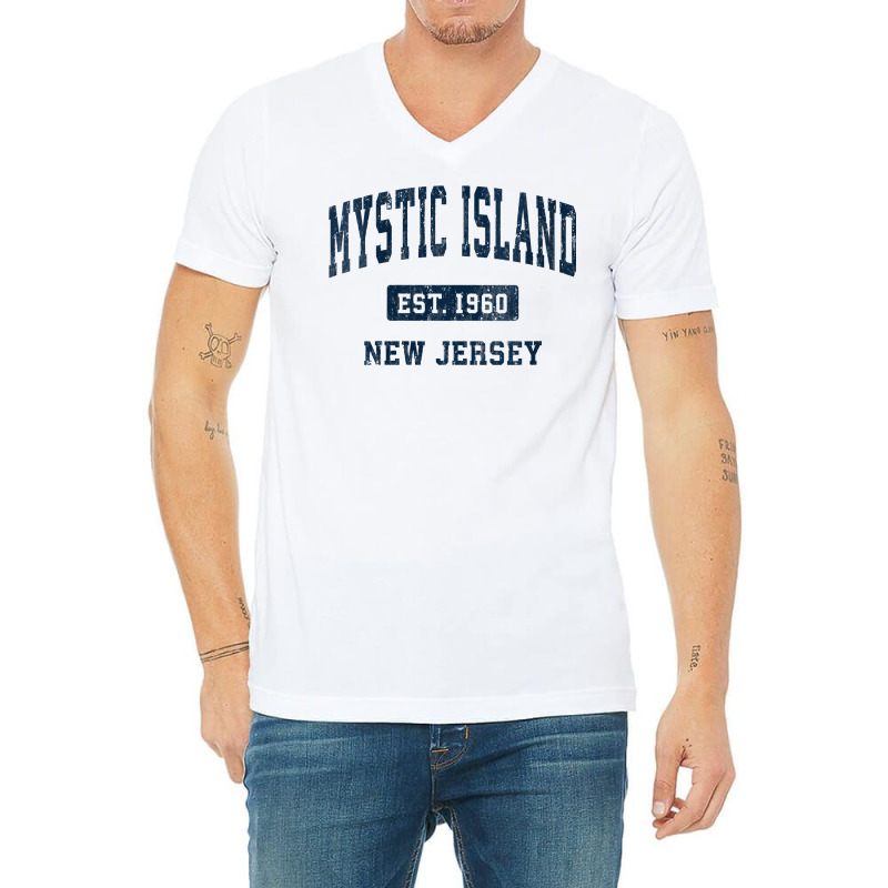 Womens Mystic Island New Jersey Nj Vintage Athletic Sports Design V Ne V-Neck Tee by cm-arts | Artistshot