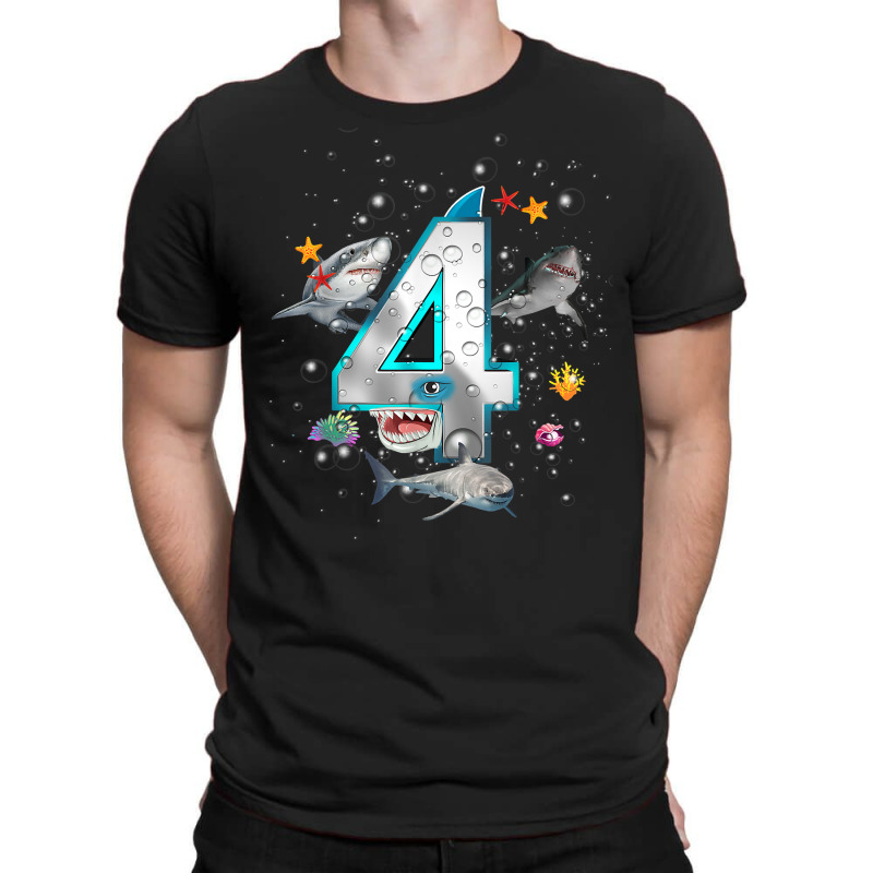 Kids 4th Birthday Boys Shark 4 Years Old Ocean Shark B Day T Shirt T-shirt | Artistshot