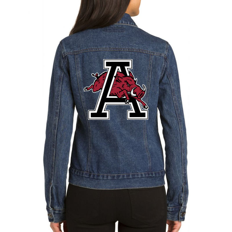 Arkansas U Mascot Jumping Through Letter A Clean Version Ladies Denim Jacket by poppyallen | Artistshot