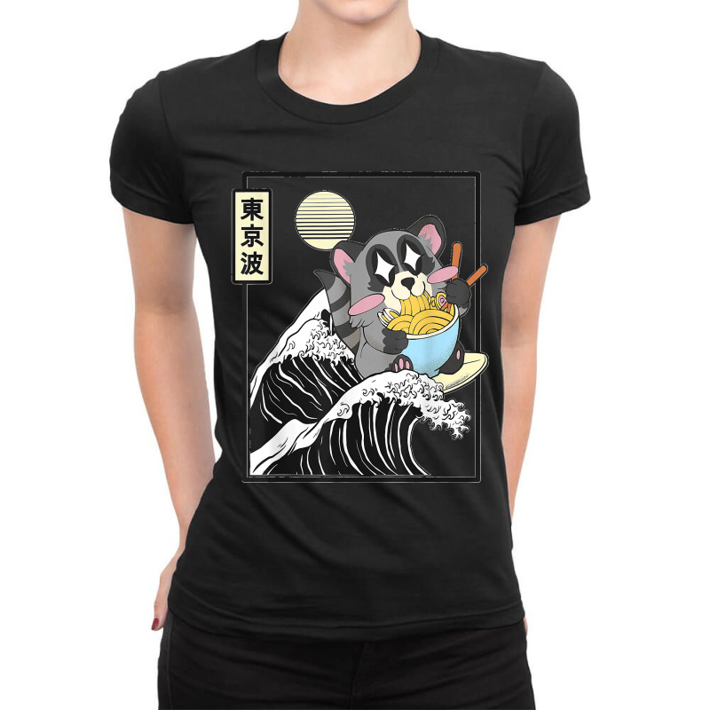 Raccoon Eating Ramen Japanese Waves Anime Minimal Kawaii Ladies Fitted T-Shirt by LisaMarieRangel | Artistshot