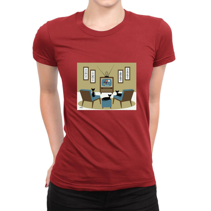 Mid Century Cat Watching Tv Ladies Fitted T-Shirt by agodraws | Artistshot