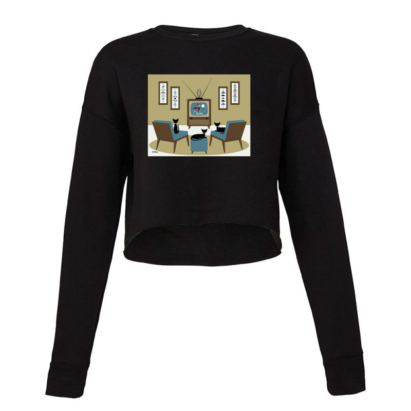 Mid Century Cat Watching Tv Cropped Sweater by agodraws | Artistshot