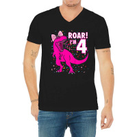 Kids Roar I'm 4 (four Year Old Dinosaur Birthday) 4th Dino Theme T-shi V-neck Tee | Artistshot