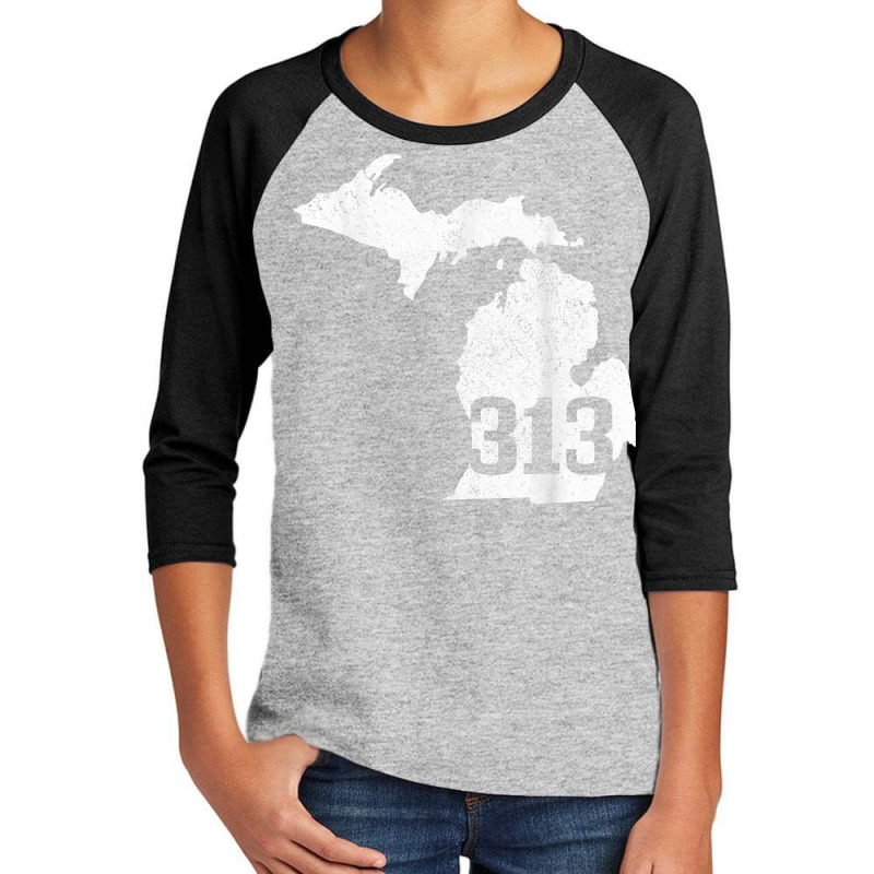 Detroit 313 Area Code Michigan Map State Pride Vintage T Shirt Youth 3/4 Sleeve by cm-arts | Artistshot