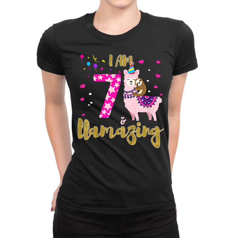 Kids I M 7 Years Old And Llamazing Funny 7th Birthday Sloth Llama Ladies Fitted T-Shirt by Tisha Brown | Artistshot