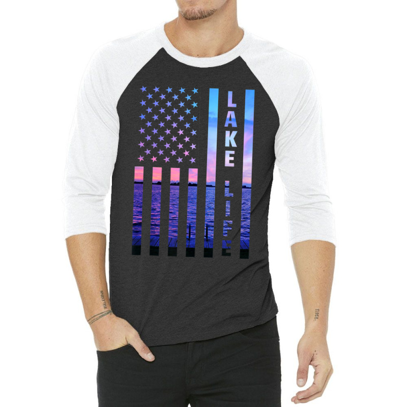 Lake Life American Flag Dock Sunset Wakeboarder Power Boat 3/4 Sleeve Shirt | Artistshot