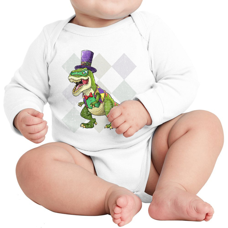 Kids Mardi Gras Shirt Dinosaur T Rex Beads Costume Grunge T Shirt Long Sleeve Baby Bodysuit | Artistshot