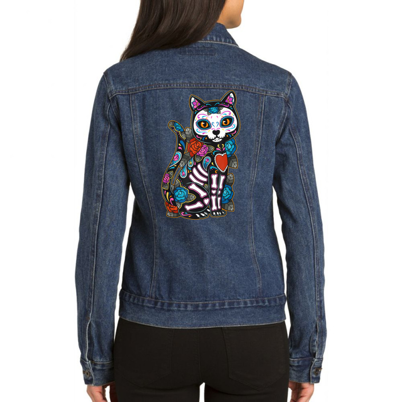 Cat Sugar Skull Mexico Calavera Dia De Los Muertos Halloween Ladies Denim Jacket by Bestdesigns | Artistshot