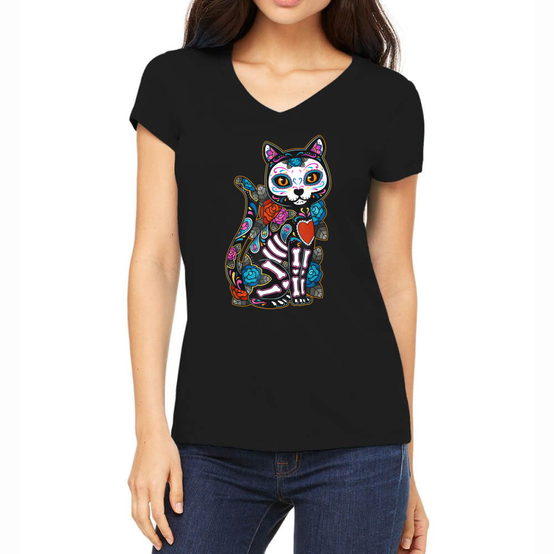 Cat Sugar Skull Mexico Calavera Dia De Los Muertos Halloween Women's V-Neck T-Shirt by Bestdesigns | Artistshot