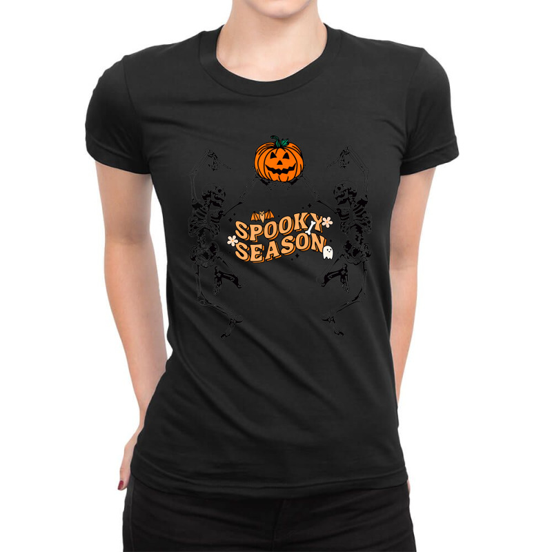 Groovy Ghost Spooky Season Funny Halloween Skeleton Dancing Ladies Fitted T-Shirt by Newshirt | Artistshot