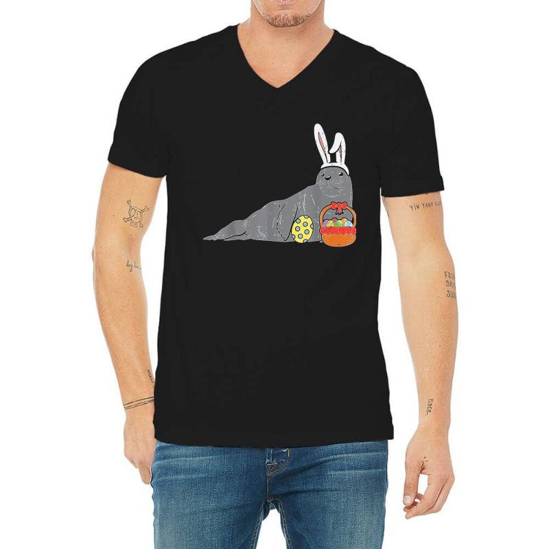 Easter Seal Bunny Eggs Basket Cute Sea Lion Men Women Kids V-Neck Tee by cm-arts | Artistshot