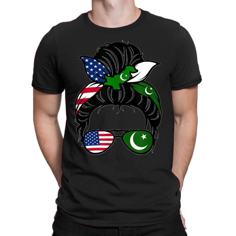 American Messy Bun Wife Mom Girl Pakistani Pakistan Usa Flag T Shirt T-Shirt by AndreaRomero | Artistshot