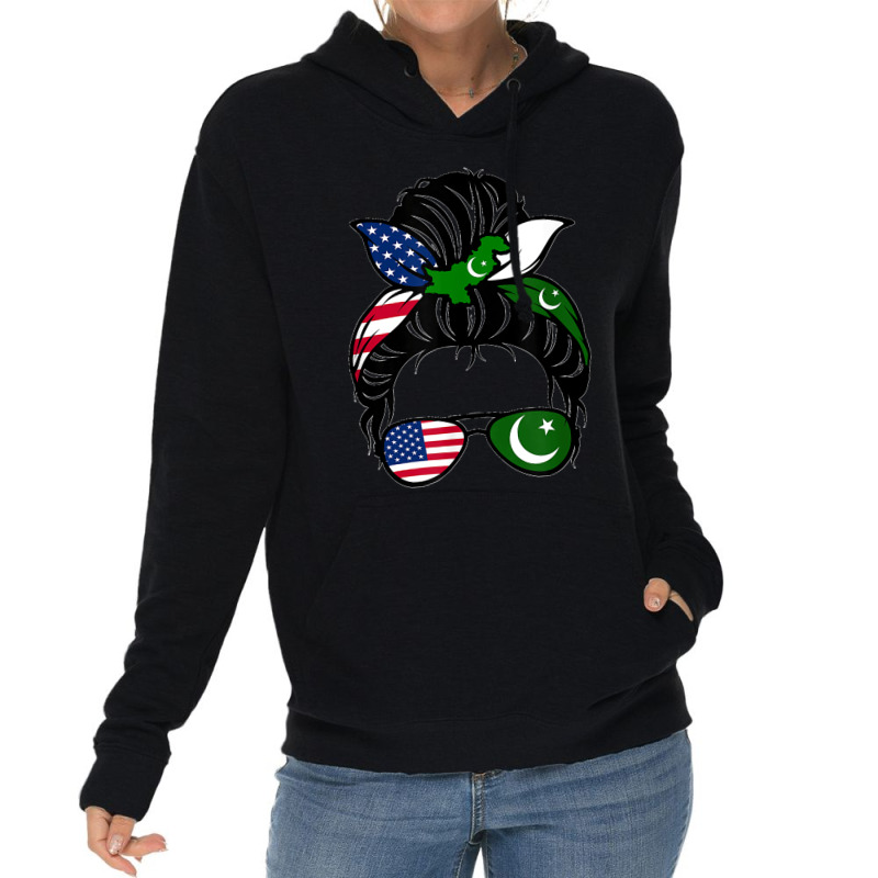 American Messy Bun Wife Mom Girl Pakistani Pakistan Usa Flag T Shirt Lightweight Hoodie by AndreaRomero | Artistshot