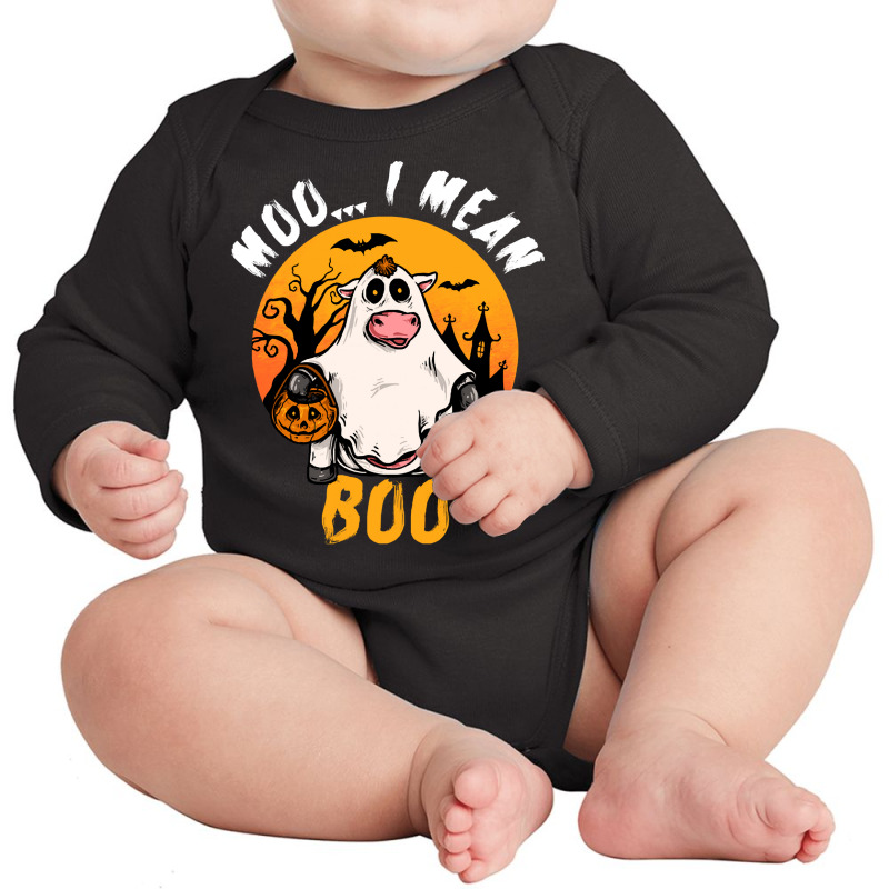 Moo I Mean Boo T  Shirt Moo I Mean Boo Funny Ghost Cow Halloween Costu Long Sleeve Baby Bodysuit | Artistshot