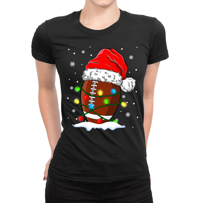 Football Christmas Football Ball Santa Hat Xmas Light Funny 2021 416 Ladies Fitted T-Shirt by pester | Artistshot