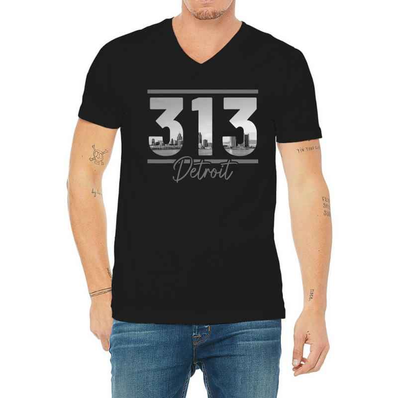 Detroit 313 Area Code Skyline Michigan Vintage V-Neck Tee by cm-arts | Artistshot