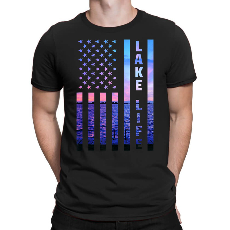 Lake Life American Flag Dock Sunset Wakeboarder Power Boat T-shirt | Artistshot