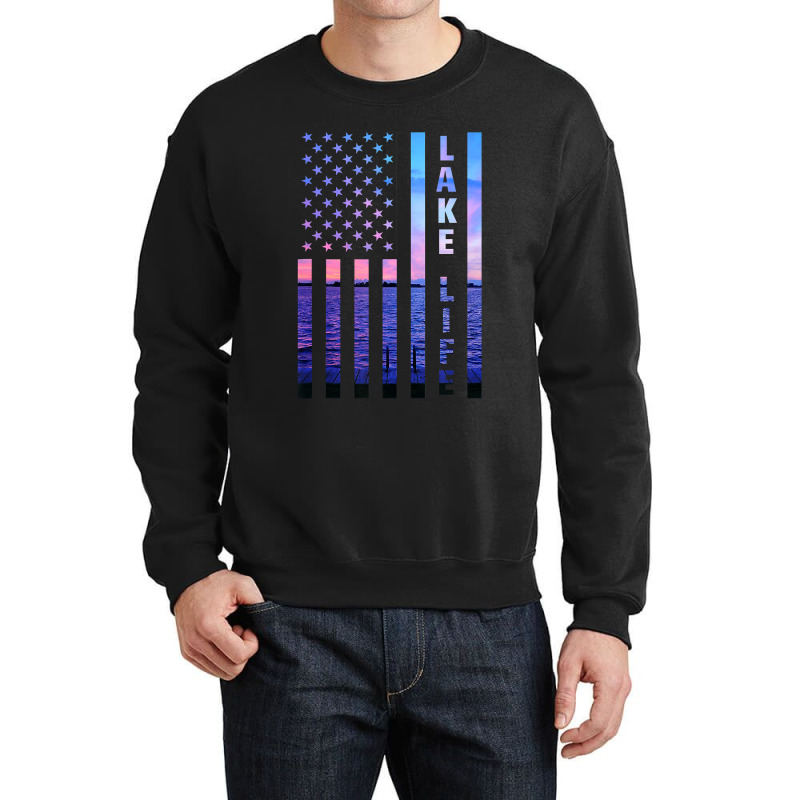 Lake Life American Flag Dock Sunset Wakeboarder Power Boat Crewneck Sweatshirt | Artistshot