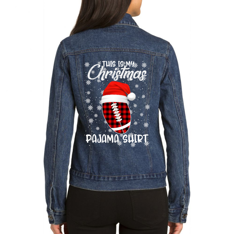 Football This Is My Christmas Pajama Plaid Football Santa Hat Xmas 85  Ladies Denim Jacket by pester | Artistshot