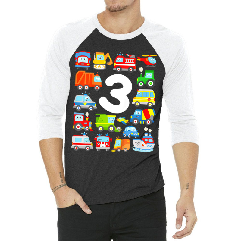 Kids 3rd Birthday Toddler Boy Vehicles Trucks Planes Boat Police 3/4 Sleeve Shirt | Artistshot