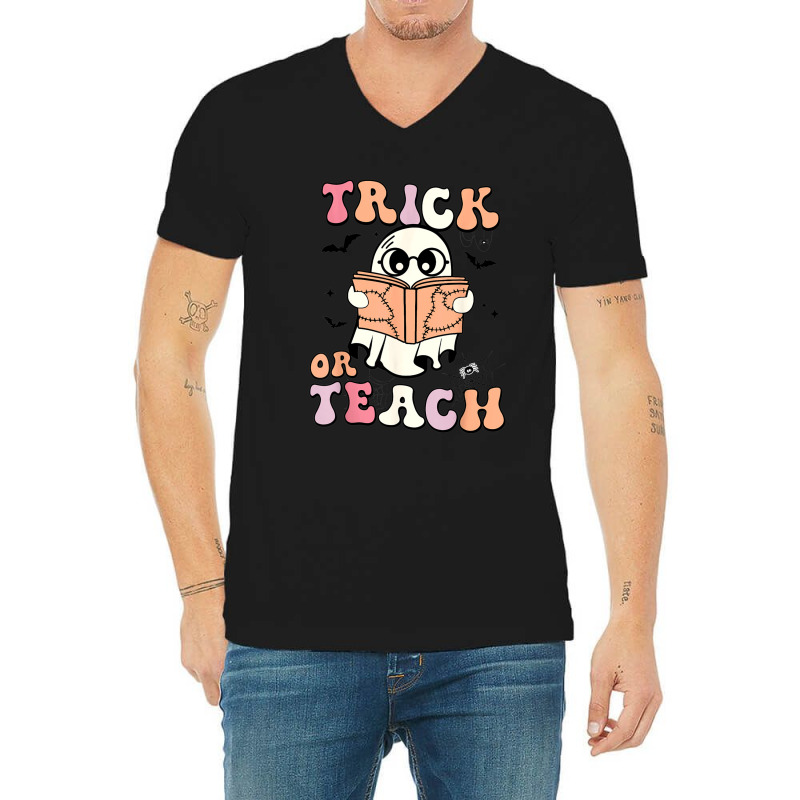 Spooky Season Halloween Trick Or Teach Ghost Retro Groovy V-neck Tee | Artistshot