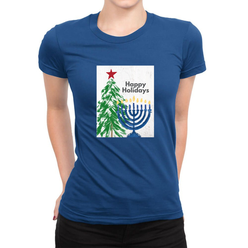 Happy Holidays Tree And Menorah  Art By Linda Woods Ladies Fitted T-Shirt by cm-arts | Artistshot