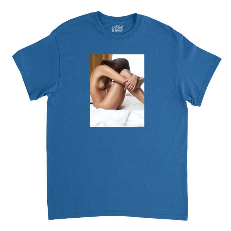 Beautiful Woman Sitting Naked On Bed With Arms Around Her Knees Classic T-shirt | Artistshot