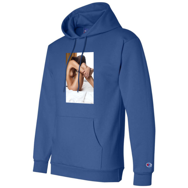 Beautiful Woman Sitting Naked On Bed With Arms Around Her Knees Champion Hoodie | Artistshot