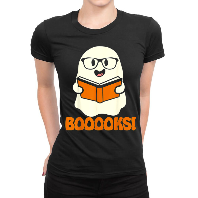 Booooks Ghost Boo Read Books Library Teacher Halloween Cute Ladies Fitted T-Shirt by Newshirt | Artistshot