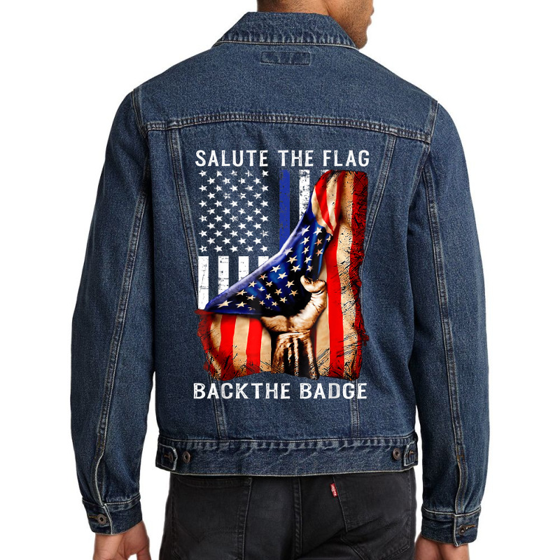 Salute The Flag Back The Badge Flag Police Hand Gift Men Denim Jacket by LorettaSharron | Artistshot