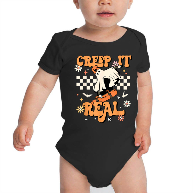 Creep It Real Retro Halloween Party Funny Ghost Skateboard Baby Bodysuit | Artistshot