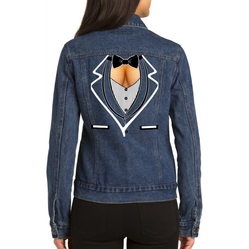 Funny Ladies Cleavage Tuxedo Party Mardi Gras Tailgate Ladies Denim Jacket by Premium | Artistshot