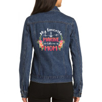 Womens My Favorite Marine Calls Me Mom Flower Military Mother_s Day Ladies Denim Jacket | Artistshot