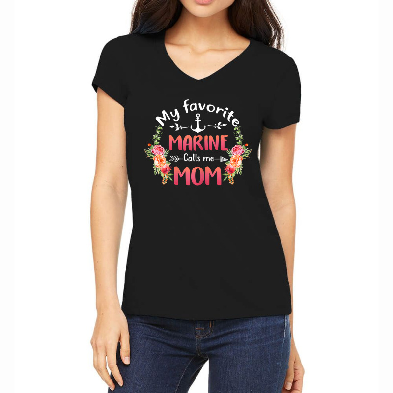 Womens My Favorite Marine Calls Me Mom Flower Military Mother_s Day Women's V-Neck T-Shirt by BessieCarolyn | Artistshot