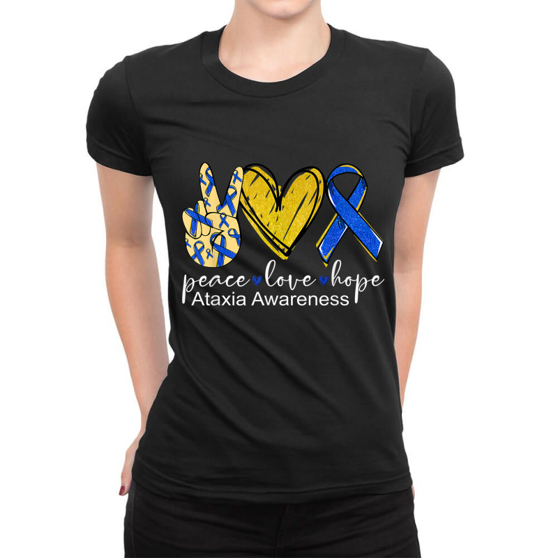 Peace Love Hope Ataxia Awareness Shirt Blue Ribbon Ladies Fitted T-Shirt by RandiCrystalGraber | Artistshot