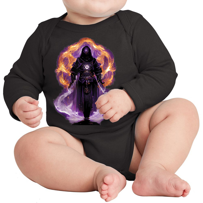 Warlock Holding Sword Surrounded By Blackish Purple Flames Long Sleeve Baby Bodysuit by Tee | Artistshot