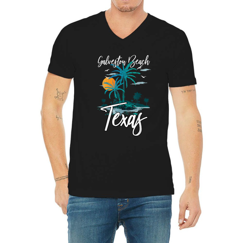 Family Vacation Retro Sunset Texas Galveston Beach V-Neck Tee by FrancesTiffany | Artistshot