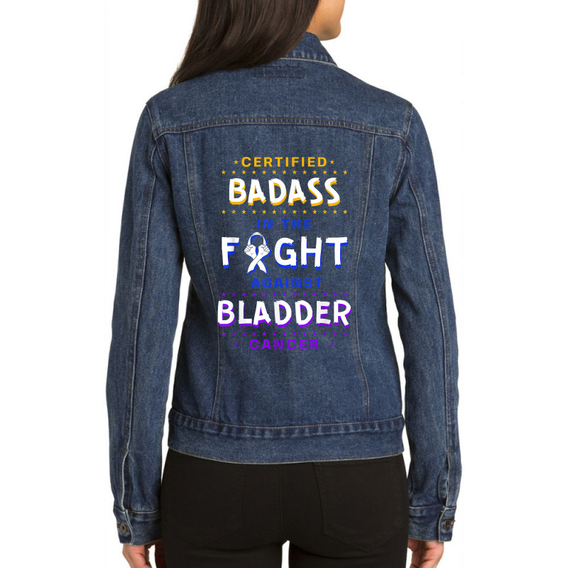 Certified Badass Bladder Cancer Purple Blue Yellow Ribbon Ladies Denim Jacket by MarilynCleo | Artistshot