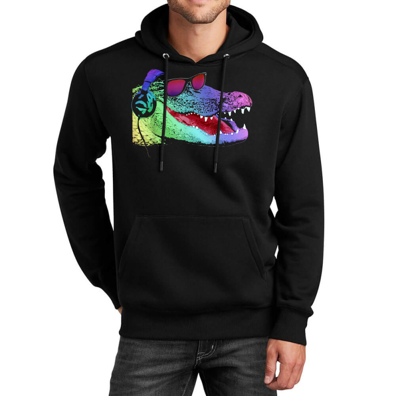 Alligator With Headphones And Sunglasses Unisex Hoodie by Graham Sanchez | Artistshot