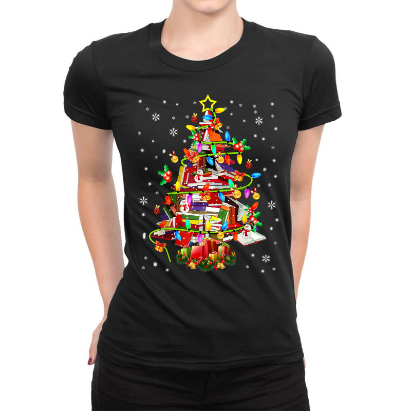 Xmas Tree Library Xmas Lights Tree Book Lover Librarian T Shirt Ladies Fitted T-Shirt by cm-arts | Artistshot