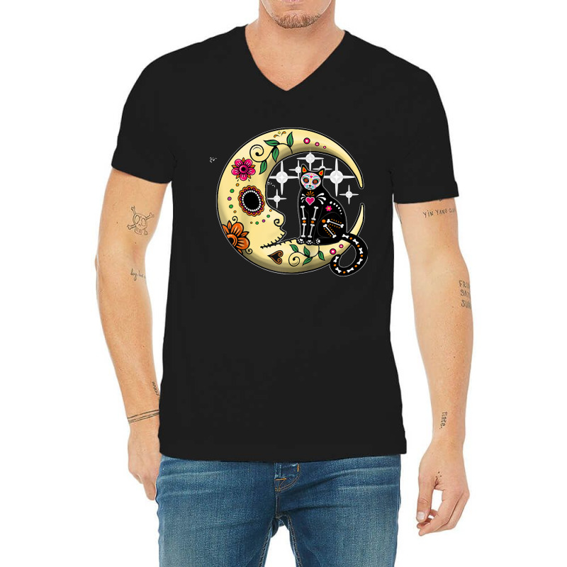 Funny Cat & Moon Sugar Skull Dia De Los Muertos Day Of Dead Raglan Bas V-neck Tee | Artistshot