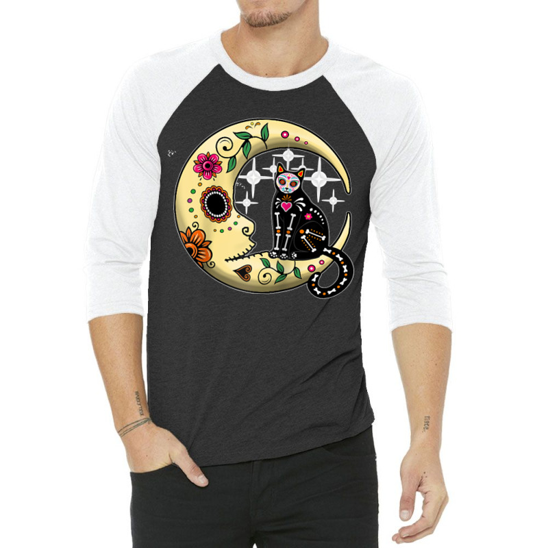 Funny Cat & Moon Sugar Skull Dia De Los Muertos Day Of Dead Raglan Bas 3/4 Sleeve Shirt | Artistshot