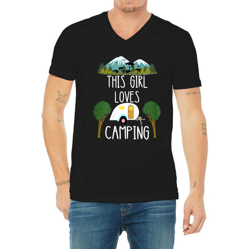 This Girl Loves Camping Rv Teardrop Trailer Camper Caravan V-Neck Tee by MarilynCleo | Artistshot