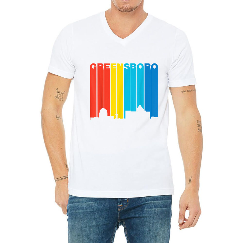 Retro 1970's Style Greensboro North Carolina Skyline T Shirt V-neck Tee | Artistshot