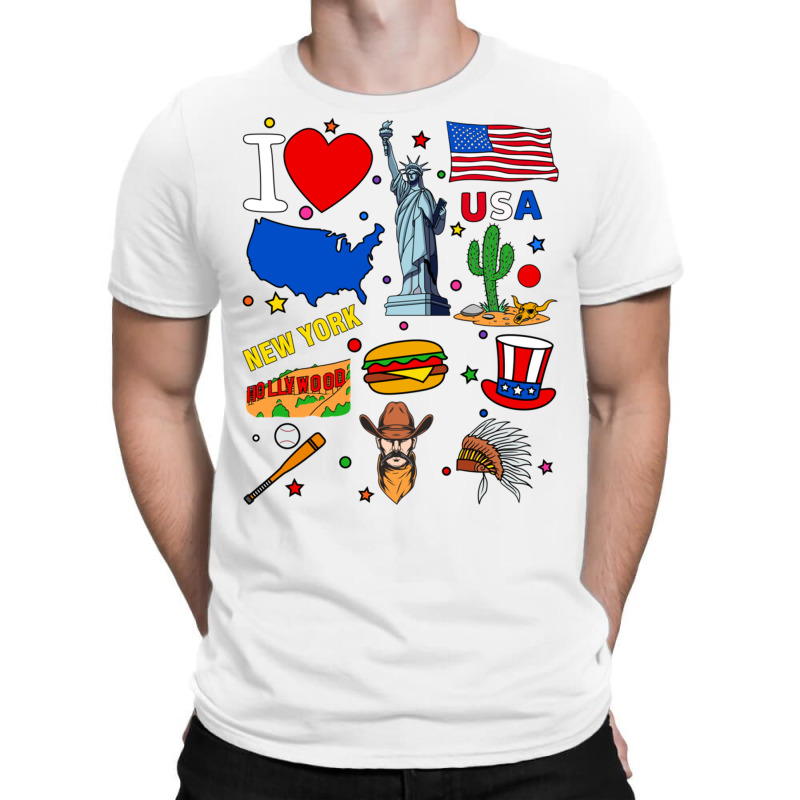 Hand Drawn Objects Of Usa, American Traditional Symbols, Map Pullover T-shirt | Artistshot