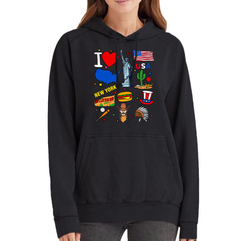 Hand Drawn Objects Of Usa, American Traditional Symbols, Map Pullover Vintage Hoodie | Artistshot