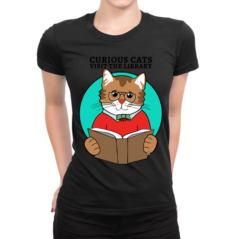 Curious Cats Visit The Library Ladies Fitted T-Shirt by webberkyla | Artistshot